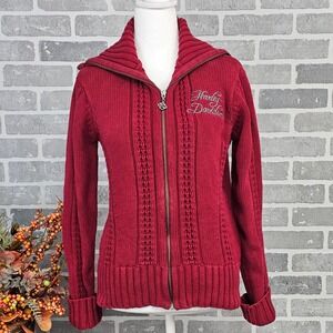 Harley Davidson Women's Knit Sweater Red Zip‎ Up Embroidered Bling Medium